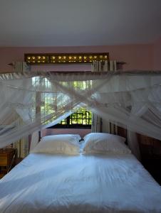 a bedroom with a white bed with a canopy at Eden Villas in Entebbe +33 photos