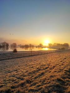 a frosty field with a fence in front of a sunset at Parva Domus in Xanten