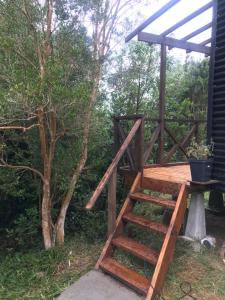 um deck de madeira com uma escada ao lado de uma árvore em Cabañas Rewe del Maulllin em Puerto Varas