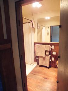 a bathroom with a shower and towels in it at Reef Cottage accommodation in Reefton
