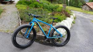 a blue bike parked on the side of a road at Hotel Restaurant Cristal in Braunwald