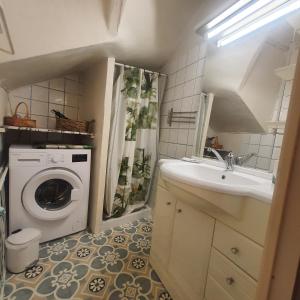 a bathroom with a washing machine and a sink at Portes du Verdon in Aiguines +12 photos