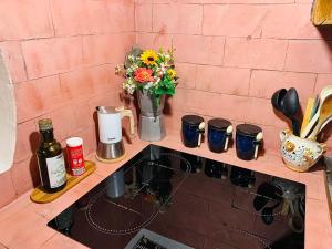 RinecchiにあるCasa Isabella- Barbecue, Giardinoのシンクとカップ、花瓶のあるカウンター