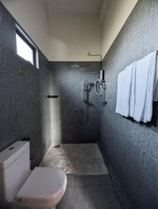 a bathroom with a toilet and a shower at Villa with Private Pool, 12 mins walk to Beach in Trincomalee