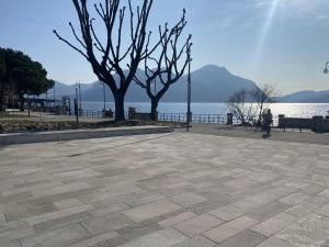 a person walking on a sidewalk next to a body of water at Lago Maggiore in Intra