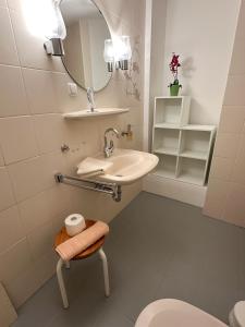 a bathroom with a sink and a toilet and a mirror at Ferienwohnung Haus Rosenbichl GbR in Schönau am Königssee +7 photos