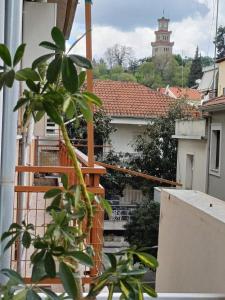 トリカラにあるHarmonia Appartment in Trikalaの時計塔のある建物のバルコニーからの眺め