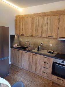 a kitchen with wooden cabinets and a sink at Harmonia Appartment in Trikala in Tríkala +18 photos