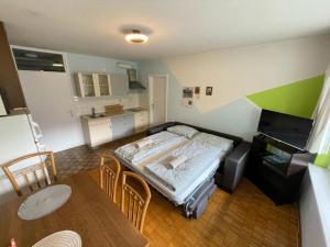 a small room with a bed and a kitchen at Apartma Marjeta in Bovec
