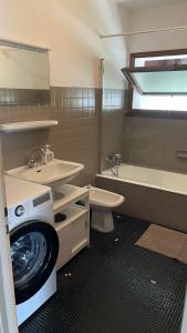 a bathroom with a washing machine and a sink at Séjour Nature Entre Lacs & Montagnes Proche Annecy in Alex