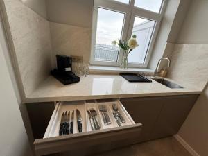 a kitchen counter with a sink and a window at The Charming chic Garden View Den Aprt R2 in The Hague