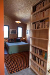 a bedroom with a bed and a book shelf at Maison colorée dans un jardin in Gaillac