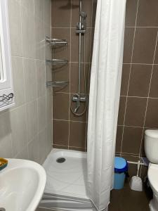 ein Badezimmer mit Dusche, Toilette und Waschbecken in der Unterkunft Promenade Burabay 2 in Borovoye