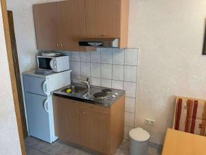 a small kitchen with a sink and a refrigerator at Apartments Žitna Sun in Vir