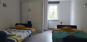 une chambre avec deux lits et une fenêtre dans l'établissement Apartament przy Papierni, à Duszniki-Zdrój