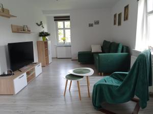 - un salon avec un canapé vert et une télévision dans l'établissement Apartament przy Papierni, à Duszniki-Zdrój