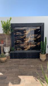 a fireplace in a living room with two potted plants at Residence amwaj in Douar el Arbi Ben Ahmed