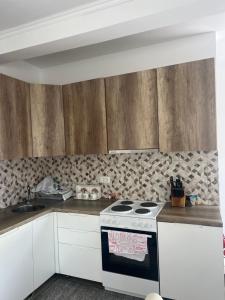 a kitchen with a white stove and wooden cabinets at Vila Dior Donji Stoj in Donji Štoj