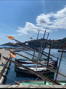 a group of boats are docked on a beach at Les terrasses du port in Canet-en-Roussillon