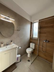 a bathroom with a toilet and a sink and a shower at Lithos Apartment in Artemida +18 photos