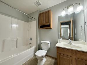 a bathroom with a toilet and a sink and a tub at Centrally Located Family Retreat in Omaha in Omaha +24 photos