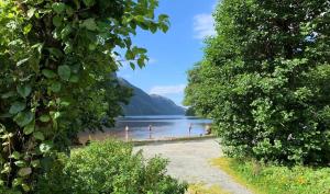 a view of a lake with people in the water at Cozy Camping Cabin in Hjelmeland