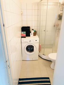 a washing machine in a bathroom with a toilet at 2 bedroom apartment in Lijordet