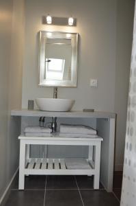 ein Bad mit einem Waschbecken und einem Spiegel in der Unterkunft Les Agîtés in Bain-de-Bretagne