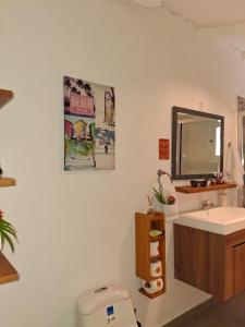 a bathroom with a sink and a mirror and a toilet at Casita Tres Trapi in Noord