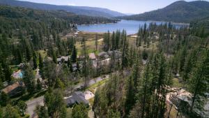 an aerial view of a house next to a lake at Near Yosemite Bass Lake Cabin with Hot Tub, Lake View, Pet Friendly in Bass Lake
