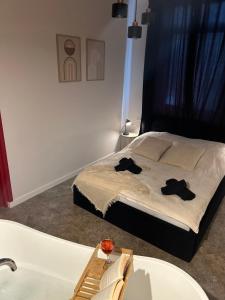 a bedroom with a bed and a sink and a tub at La Ville - Rouge in Zator