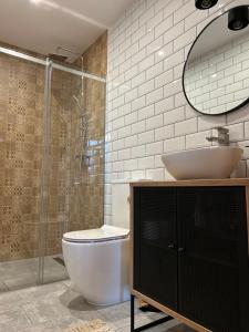 a bathroom with a sink and a toilet and a shower at La Ville - Rouge in Zator +5 photos