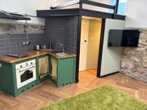 a green kitchen with a sink and a stove at Wonrek in Penzance