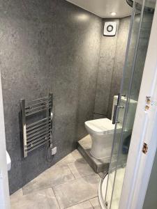 a bathroom with a toilet and a glass shower at Wonrek in Penzance