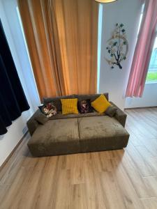 a brown couch in a living room with wooden floors at Grand F2 centre-ville, parking privée in Auxerre