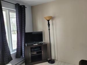 a living room with a television and a floor lamp at Motel La Croisière in Grandes-Bergeronnes