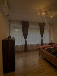 a bedroom with a bed and a window with curtains at Ferienwohnung am Krugplatz in Detmold