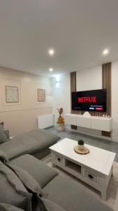 un soggiorno con un divano e una TV di Maison appartement 54m2 a Varennes-Vauzelles