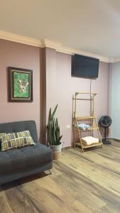 a living room with a couch and a flat screen tv at La Villa de los Alas in Juayúa