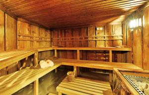an empty sauna with wooden walls and wooden benches at PLAZA INN Leonberg in Leonberg