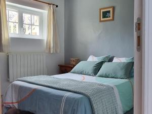 a bedroom with a bed with blue sheets and a window at Gite de l'étang in La Puisaye