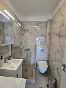 a bathroom with a shower and a sink and a toilet at Anastasia in Ofrínion