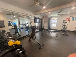 a gym with several treadmills and machines in a room at RodeoBohoPOOLJacuzziNRGwalk TMC Ps4Wii MDAnderson in Houston