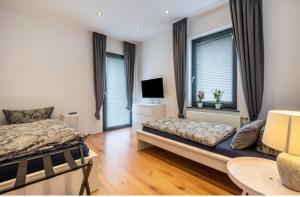 a bedroom with two beds and a tv and windows at Casa Caso in Achim