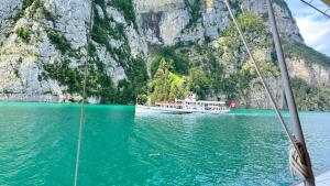 una barca in acqua vicino a una montagna di Modern appartment a Stans