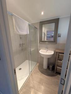 a bathroom with a shower and a sink at 1 or 2 bedroom Hot tub Lodges in North Walsham +24 photos