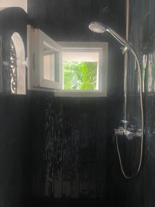 a bathroom with a shower and a window at Écurie de l oasis in Caux