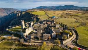 an aerial view of an old castle on a hill at Le Mazet de la Régordane in Saint-André-Capcèze