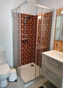 a bathroom with a shower with a toilet and a sink at GitesLuberon 1 studio in Charleval