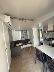 塞里尼昂Mobil Home SIBLU VALRAS PLAGE的带沙发和桌子的小客厅